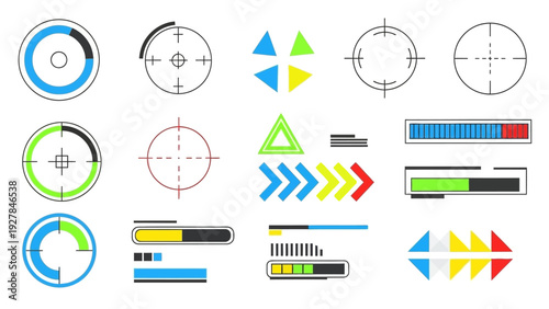 Collection of Futuristic Digital UI Elements and Icons for Gaming and Technology Interfaces