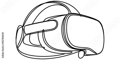 Virtual reality headset in a minimalist continuous line drawing style on a white background.
