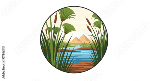 Circular Illustration of Water Scene with Plants.