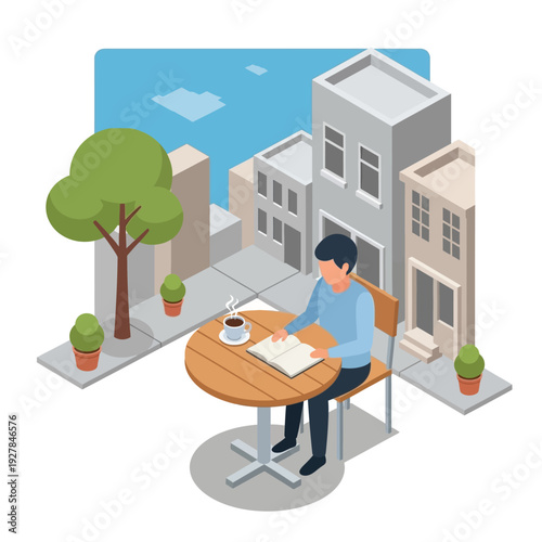 Man sitting at a table outdoors working on a laptop in a modern urban setting.