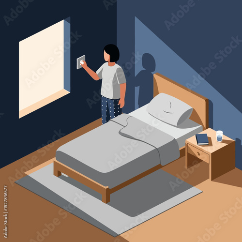 Man adjusting the thermostat in a modern bedroom with a bed and nightstand.