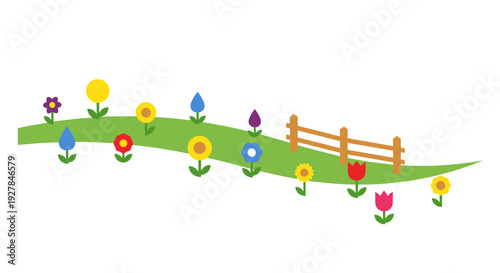 Colorful Flowers and Fence on Hill.
