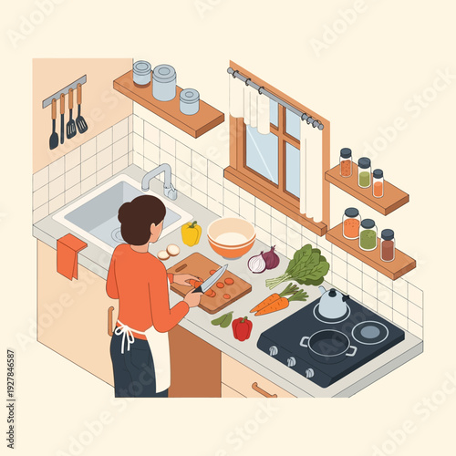Woman preparing meal in modern kitchen with cooking utensils and ingredients.