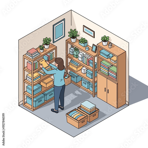 Woman organizing books and files in a storage room with shelves and cabinets.