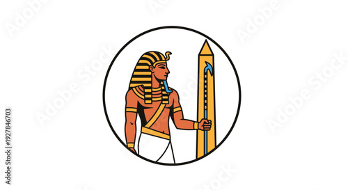 Egyptian Pharaoh Holding Staff in Circle.