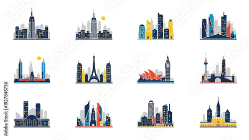 Collection of iconic world city skylines in a vibrant flat vector art style