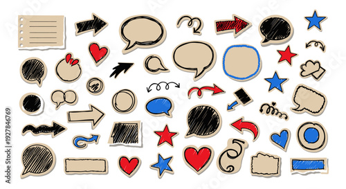 Hand drawn speech bubbles and social media icons for creative presentations