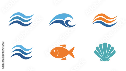 Collection of marine icons including waves fish and seashell perfect for summer designs