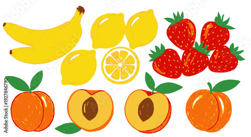 Vibrant colorful fruit illustration with various fresh fruits