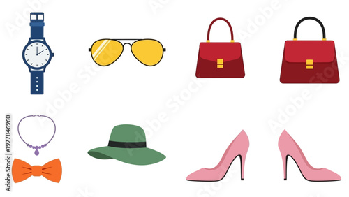 Collection of modern fashion accessories for women and men displayed on a white background