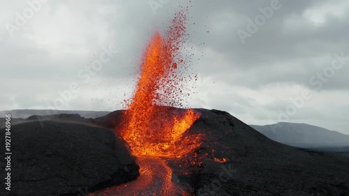 Wallpaper Mural Volcanic eruption glowing lava flow streaming from crater, dramatic smoke and fire, raw natural phenomenon in Iceland Torontodigital.ca
