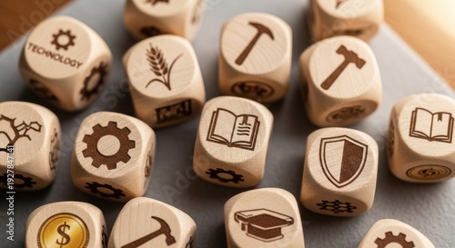 Wooden cubes featuring strategic improvement icons arranged manually with shallow focus and simple gently blurred surroundings.