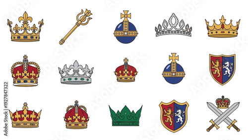 Collection of royal regalia including crowns scepters and coats of arms