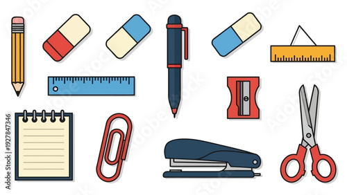 Collection of school and office supplies in a flat illustration style