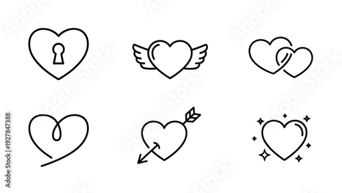Collection of simple and elegant heart icons with love symbols and romantic designs
