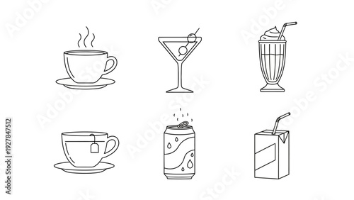 Collection of six simple line art icons representing various beverages and drinks