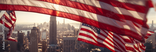 A row of American flags against the backdrop of the New York City skyline