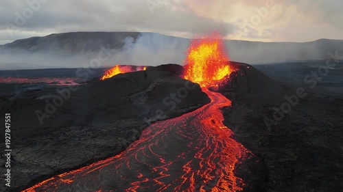 Wallpaper Mural Volcanic eruption glowing lava flow streaming from crater, dramatic smoke and fire, raw natural phenomenon in Iceland Torontodigital.ca