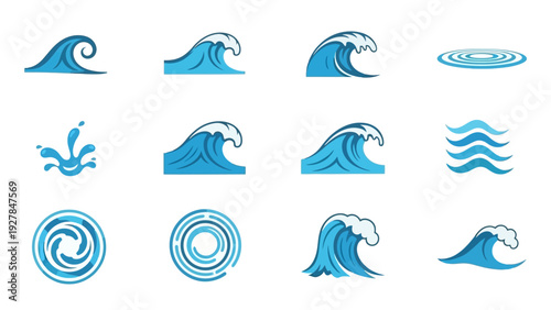 Collection of stylized blue wave icons and water ripple designs for graphic use