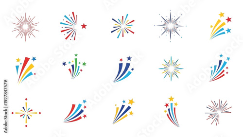 Collection of stylized fireworks and starburst graphic icons for celebrations and events