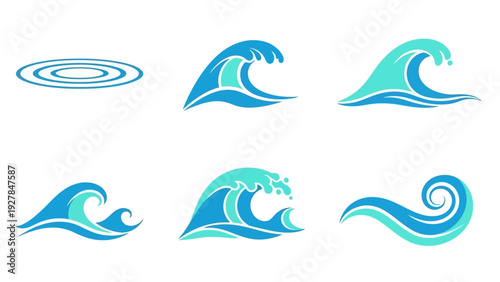 Collection of Stylized Blue and Teal Water Wave Icons and Symbols for Design