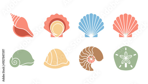 Collection of stylized flat design seashells and sea creatures for graphic design projects