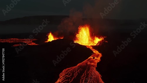 Wallpaper Mural Volcanic eruption glowing lava flow streaming from crater, dramatic smoke and fire, raw natural phenomenon in Iceland Torontodigital.ca