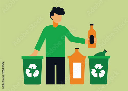Man in a green shirt holds an orange bottle, actively sorting it into one of three distinct recycling bins.