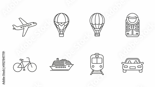 Collection of transportation icons in black and white line art style for various travel modes