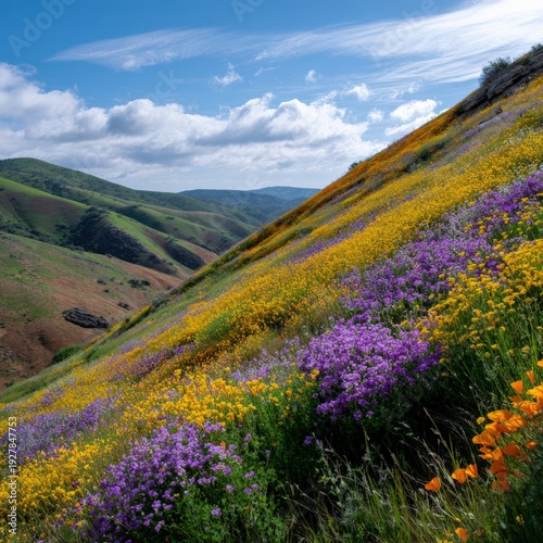 Vibrant wildflower hillside with orange, purple, yellow blooms under blue sky