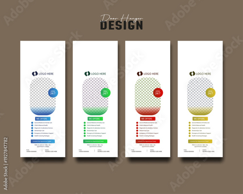 Set of 4 creative medical service door hangers. Clean corporate design for clinics, dental care, and pharmacies. Easy-to-edit promotional flyer layout with modern aesthetic and icons.