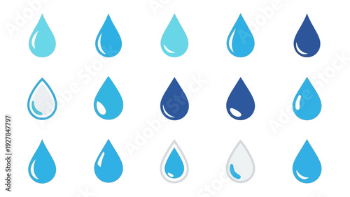 Collection of Various Blue and White Water Droplet Icons for Design and Decoration