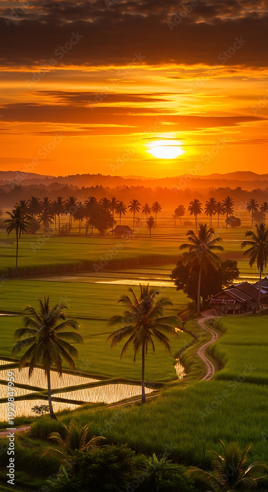 Obraz premium Golden Sunset Over Lush Green Rice Fields and Palm Trees.