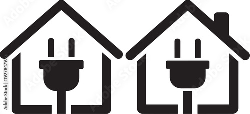 Two black house icons with electrical plugs inside, symbolizing home energy, electricity, and power connection.
