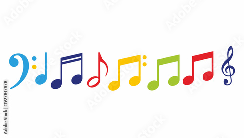 Colorful musical notes and symbols arranged horizontally on a white background