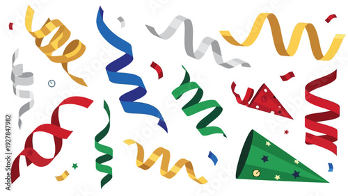 Colorful party streamers and confetti for a festive celebration event