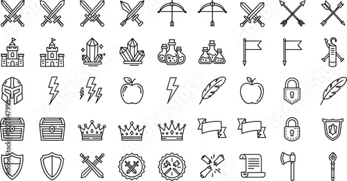 Medieval Fantasy Icon Set Featuring Swords Shields Crowns Castles Magic Symbols and Heraldic Elements for Games Interfaces and Creative Designs