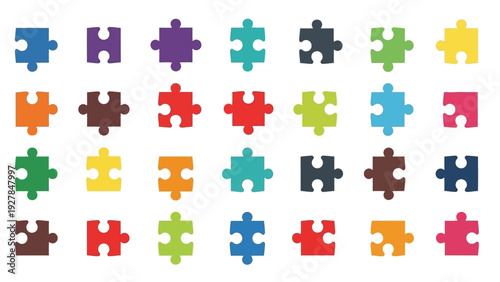 Colorful puzzle pieces arranged in a grid showcasing variety of colors and shapes