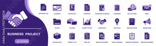 Business project icon set. Containing calendar, checklist, folders, approval file, meeting notes, email, megaphone, handshake, growth chart, risk list and more. Solid fill vector icons collection.