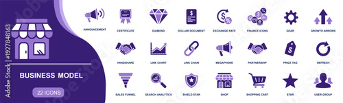 Business model icon set. Containing shop, cart, sales funnel, analytics, growth, partnership, exchange rate, price tag, megaphone, finance and more. Solid fill vector icons collection.