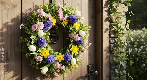 Floral Wreath on Rustic Wooden Door.