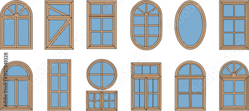 Cartoon Wooden and Plastic Window Frames Set Front View Architectural Facade Elements with Glass Panels Vector Illustration