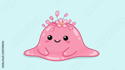 Cute pink slime character with cherry blossoms on head smiling happily