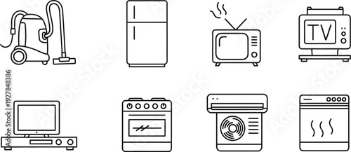Collection of outline style icons depicting various essential household appliances used for cleaning cooling cooking and entertainment purposes