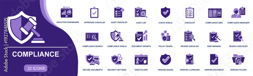 Compliance icon set. Containing audit, checklist, policy, risk, approval, verification, shield, secure documents, search, manager, dashboard and more. Solid fill vector icons collection.