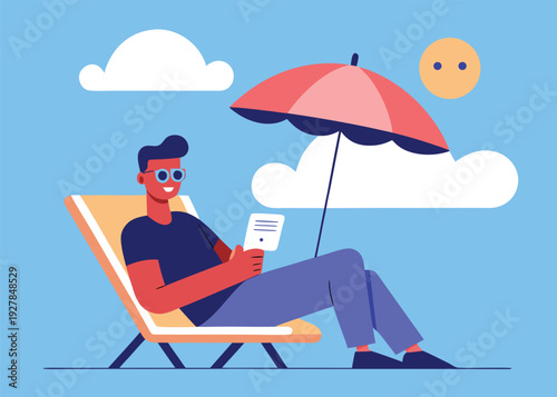 Man in sunglasses reclines on a yellow beach chair under a red umbrella, reading a tablet document.