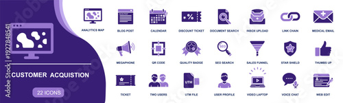 Customer acquisition icon set. Containing analytics, blog, calendar, discount ticket, SEO, sales funnel, QR code, UTM, user profile, megaphone and more. Solid fill vector icons collection.