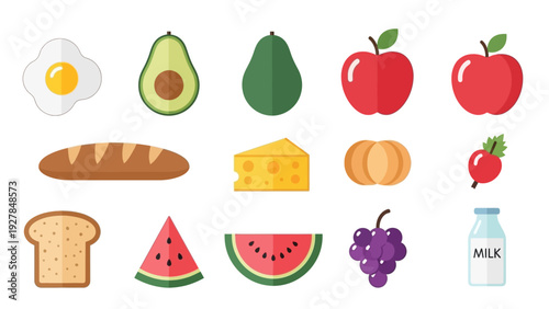 Diverse collection of fresh food items and healthy meal ingredients arranged neatly