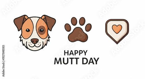 Happy mutt day illustration with dog face paw print and heart symbol on white background