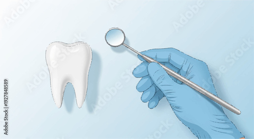Dentist's hand in blue glove holding dental mirror near white tooth model on light blue background for oral examination